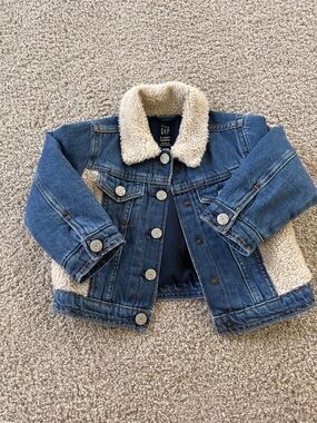 GAP Kids Blue Denim Jacket with Cream Sherpa Collar